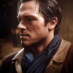 a man is wearing a blue scarf and leather jacket