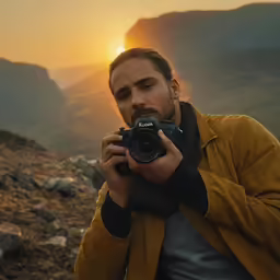 a man taking a picture with his camera of a mountainside
