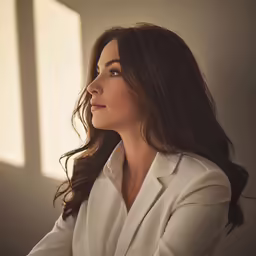 a woman in a white jacket looking down