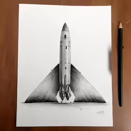 a pencil drawing of a rocket on paper with an open book and pen