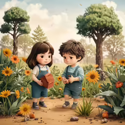 two children standing in a field with sunflowers