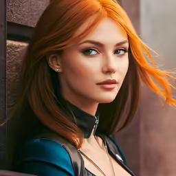 a beautiful young redhead woman leaning on the side of a building