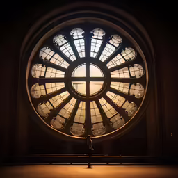 a large stained glass window at the top of a building