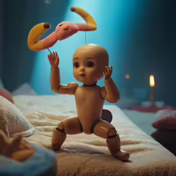 a toy is in the air on top of a bed