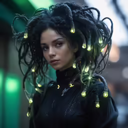 a beautiful woman with long hair is covered in string lights