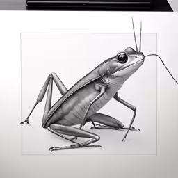 the image is of a grasshopper sitting on the ground
