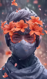 a man wearing a mask and flowers