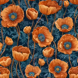 a lot of orange flowers that are on a blue wall