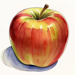 a painting of an apple sitting on top of a plate,a painting of a large apple with blue disc underneath