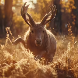 an animal with large horns walks through tall grass