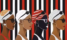 a group of women standing in front of striped walls