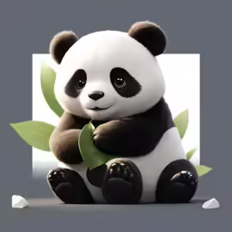 a panda bear sitting on the ground while holding a leaf