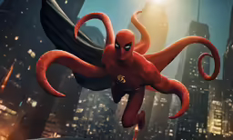 an octopus stands in the air with city buildings in the background