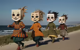 a group of five people with masks walking down the street