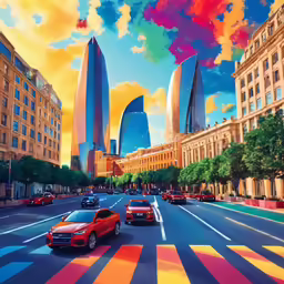 a painting of cars parked on the side of the street