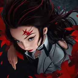a woman with red leaves around her eyes