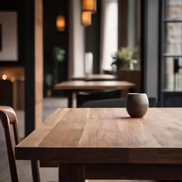 a wooden table with a vase on it