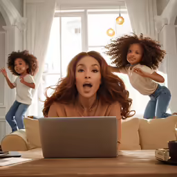 a woman with two children in the air