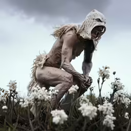 a demonicly dressed person kneeling in a flower field