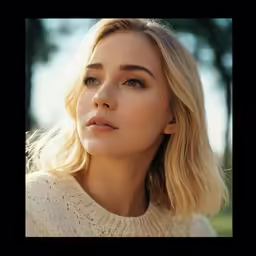 a close up of a woman wearing a sweater