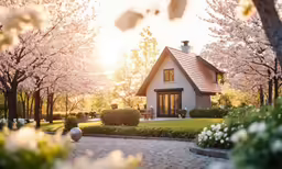 a white house is surrounded by trees in bloom