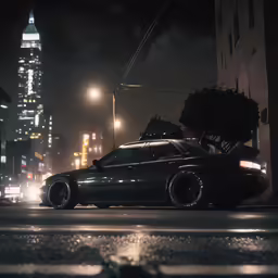 a car sits on a street corner at night
