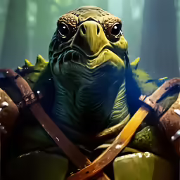 a cartoon turtle is wearing leather armor while standing with its hands on its back