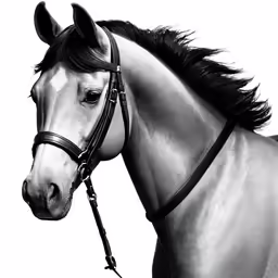 a black and white photo of a horse with the bridle down