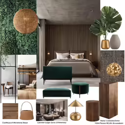 a collage of green furniture and decor