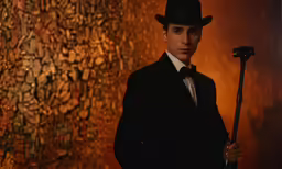 a man wearing a hat is holding a cane in front of a golden wall