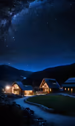 a night time scene with a cabin and stars in the sky