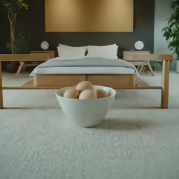 two eggs in a bowl next to an empty bed