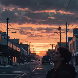 a boy in black jacket looking off into the distance while standing on street