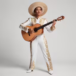 a person with a guitar is standing in front of a white background