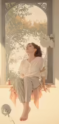 a girl sits at the window in front of flowers