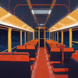 an image of a bus with no people inside,the inside of an empty bus with orange seats