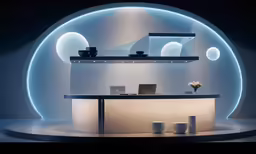 a round room with a white circular light and a table