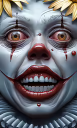 a clown with large eyes and an eye with red makeup