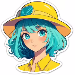 an anime girl with blue hair wearing a yellow hat
