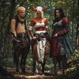 a group of people standing around horses on a path