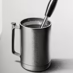 there is a shiny mug and metal spoon inside it