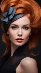 a woman with red hair has a blue bow in her hair