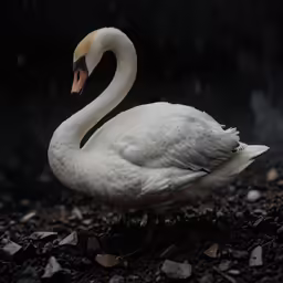 a white swan is standing on the ground