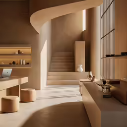 interior of an open area with wooden steps and stone work desks