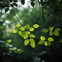 a branch of a tree with green leaves in sunlight