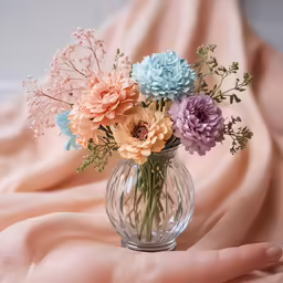 a hand is holding an elaborate flower arrangement