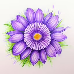 this is an image of a colored drawing of a purple flower,a painting of a purple flower with green leaves