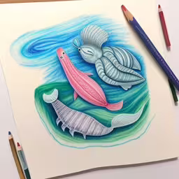 a drawing with an image of two seashells and one fish,the water, and the fishes are drawing