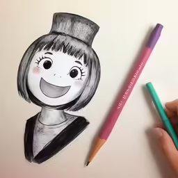 a drawing of a girl wearing a hat with a pencil