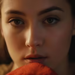 woman posing with red cloth with face closeup